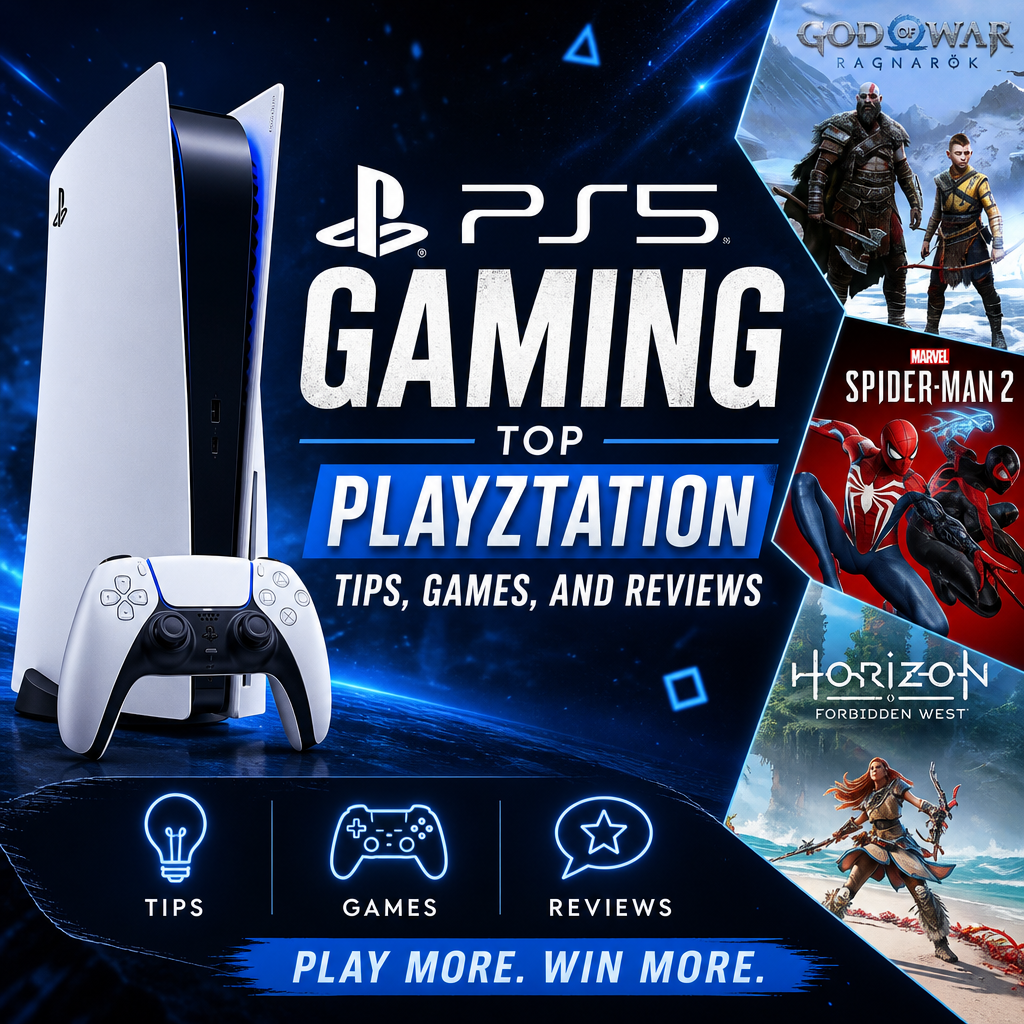 PS5 games collage featuring God of War Ragnarok, Spider-Man 2, and Horizon Forbidden West on a PlayStation-themed background
